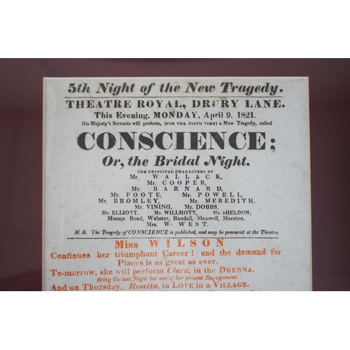 442 - 'Conscience; Or The Bridal Night, Theatre Royal, Drury Lane, April 9, 1821, a framed theatre billbo... 