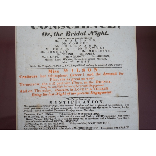 442 - 'Conscience; Or The Bridal Night, Theatre Royal, Drury Lane, April 9, 1821, a framed theatre billbo... 