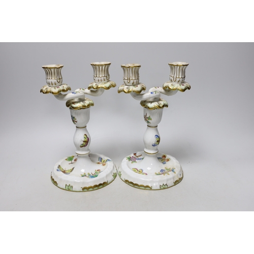 458 - A pair of Herend porcelain two branch candelabra, 22cm