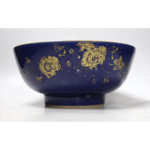 463 - An 18th century Chinese gilt decorated powder blue glazed bowl, 26cm diameter