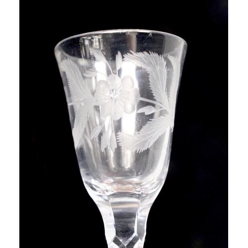 464 - A George III facet stem wine or cordial glass, wheel engraved flowers. 16.5cm tall