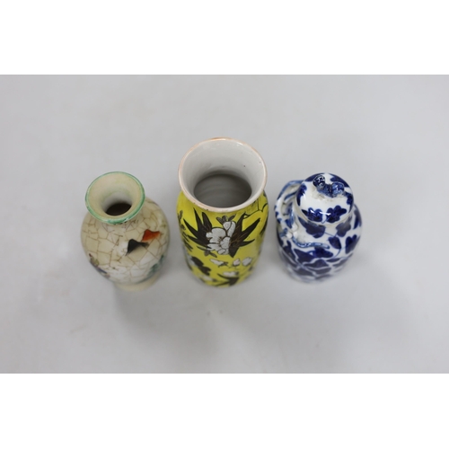 481 - Two 19th century Chinese porcelain small vases and a small famille rose vase, tallest 11cm high... 