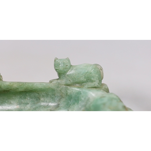 491 - A pair of Chinese jade stemmed and green quartz candlesticks and a green quartz brushwasher, 12cms w... 