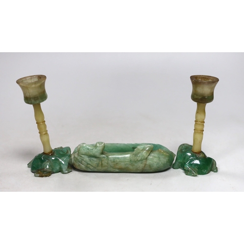 491 - A pair of Chinese jade stemmed and green quartz candlesticks and a green quartz brushwasher, 12cms w... 