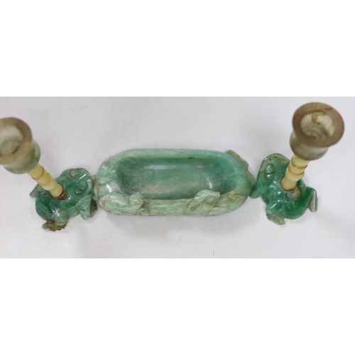 491 - A pair of Chinese jade stemmed and green quartz candlesticks and a green quartz brushwasher, 12cms w... 