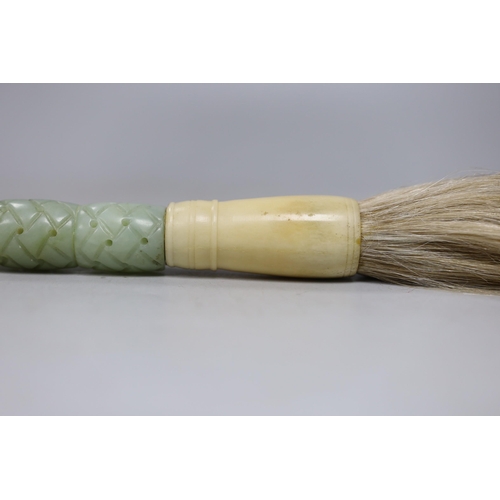 510 - A Chinese bone and bowenite jade mounted calligraphy brush, 35cm lonh, and a bronze brush washer... 