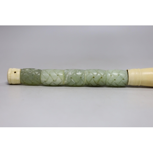 510 - A Chinese bone and bowenite jade mounted calligraphy brush, 35cm lonh, and a bronze brush washer... 