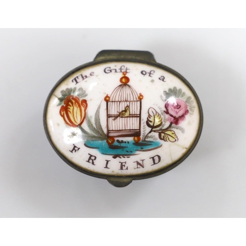 516 - A small South Staffordshire enamel Gift of a Friend patch box. 4.5cm wide