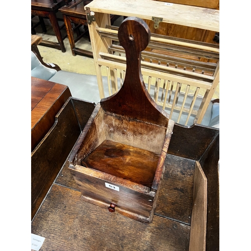 53 - A 19th century yew wood hanging salt box, width 19cm, depth 17cm, height 43cm