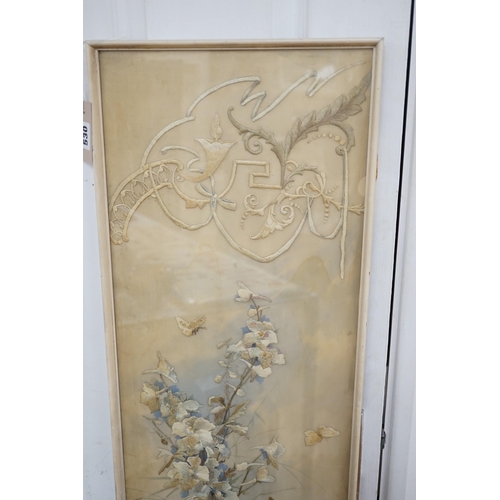 530 - A framed silk embroidered panel, possibly French, cut from a larger piece, 137cms high x 27wide... 