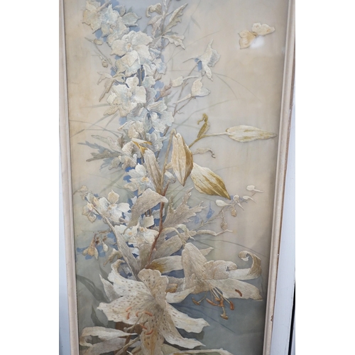 530 - A framed silk embroidered panel, possibly French, cut from a larger piece, 137cms high x 27wide... 