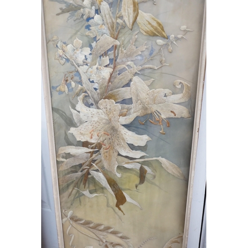 530 - A framed silk embroidered panel, possibly French, cut from a larger piece, 137cms high x 27wide... 