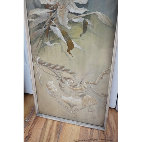 530 - A framed silk embroidered panel, possibly French, cut from a larger piece, 137cms high x 27wide... 