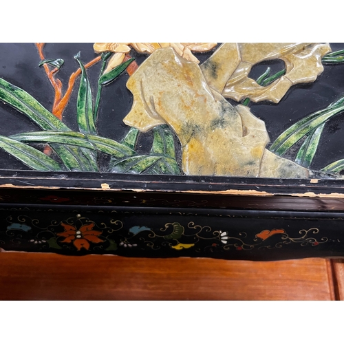 60 - A rectangular Chinese lacquer hardstone mounted low table, length 81cm, width 51cm, height 31cm... 