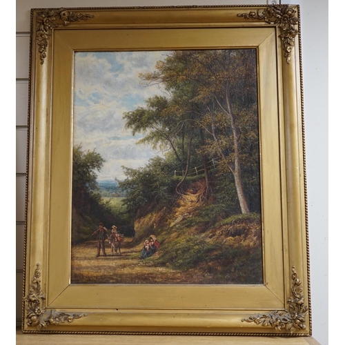 651 - Victorian School, oil on board, Figures on a country lane, indistinctly signed and dated 1875, 48 x ... 