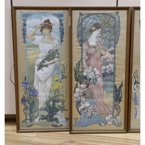 656 - M.M. Maranz, set of four painted silk panels, Classical beauties and flowers, signed, 59 x 26cm... 