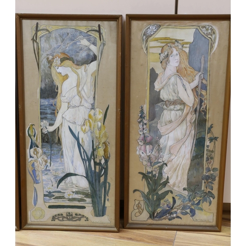 656 - M.M. Maranz, set of four painted silk panels, Classical beauties and flowers, signed, 59 x 26cm... 