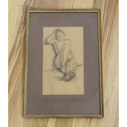 657 - Eugene Carriere (1849-1906), charcoal drawing, Sketch of a seated nude woman, initialled, 30 x 17.5c... 