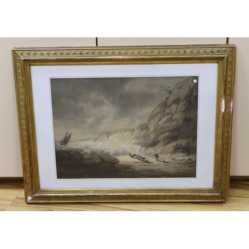 665 - 19th century English School, watercolour, Fisherman and dog in a rocky cove, 42 x 58cm