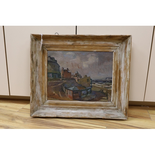 666 - Modern British, oil on board, View of a seaside town, indistinctly signed, 33 x 42cm