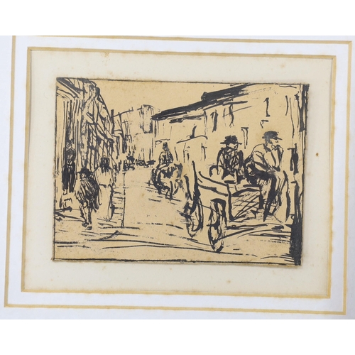 667 - Early 20th century German School, two pen and ink drawings, Drunkard at a bar and Street scene, 10.5... 