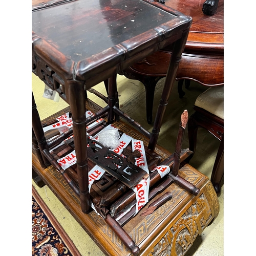 67 - A Chinese carved hardwood low table, length 89cm, depth 43cm, height 36cm together with three Chines... 