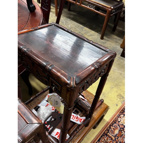 67 - A Chinese carved hardwood low table, length 89cm, depth 43cm, height 36cm together with three Chines... 