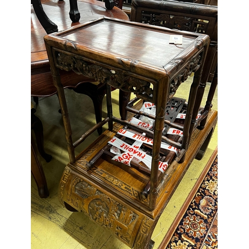 67 - A Chinese carved hardwood low table, length 89cm, depth 43cm, height 36cm together with three Chines... 