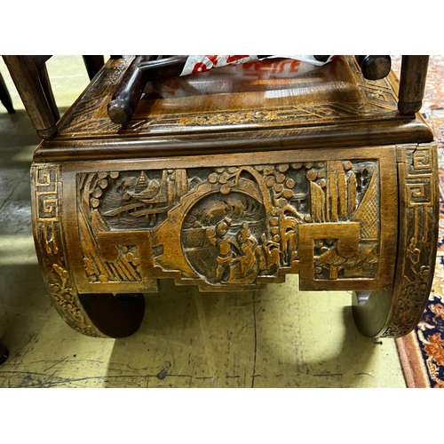 67 - A Chinese carved hardwood low table, length 89cm, depth 43cm, height 36cm together with three Chines... 