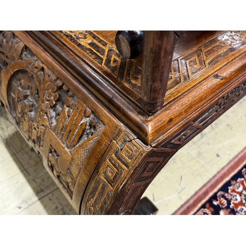 67 - A Chinese carved hardwood low table, length 89cm, depth 43cm, height 36cm together with three Chines... 