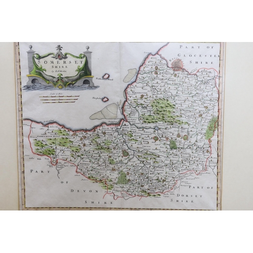 670 - Robert Morden, coloured engraving, Map of Somerset Shire, further Morden maps of Cumberland, Glouces... 