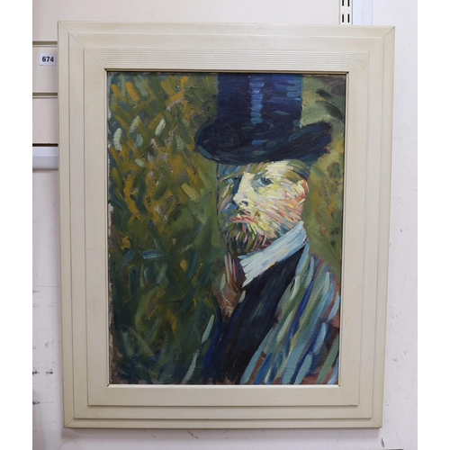 674 - French School, oil on canvas, Portrait of a gentleman wearing a top hat, 60 x 44cm