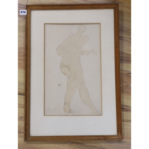 676 - Georges-Denys Dutheil (b.1888) (Pupil of Rodin), pencil and watercolour, Sketch of a standing female... 