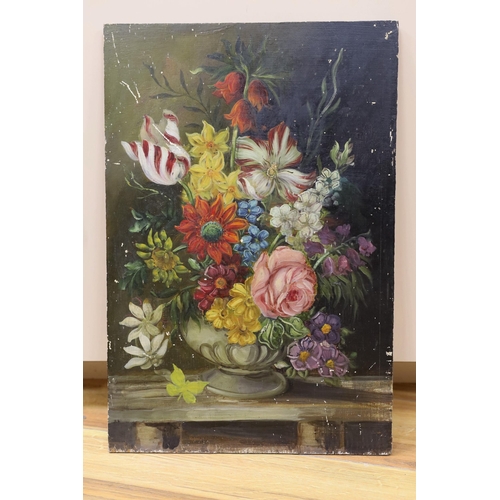 697 - English School, oil on panel, Still life of flowers in a vase upon a ledge, 46 x 31cm, unframed... 