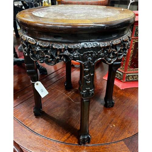 70 - A Chinese circular marble top hongmu vase stand, diameter 41cm, height 48cm