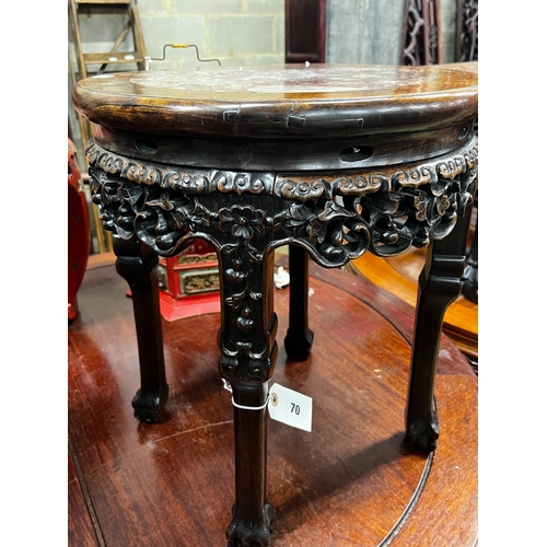 70 - A Chinese circular marble top hongmu vase stand, diameter 41cm, height 48cm