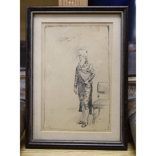 704 - Phil May (1864-1903), pen and ink, Sketch of a standing Georgian gentleman, signed and dated Paris 9... 