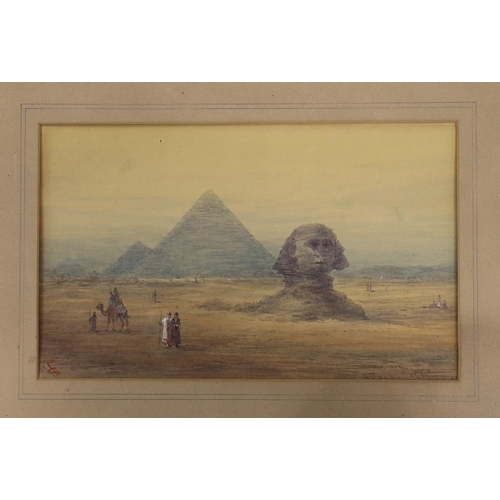 706 - Manner of Frederick Goodall (1822-1904), two watercolours, Views of The Pyramids and The Sphinx, mon... 