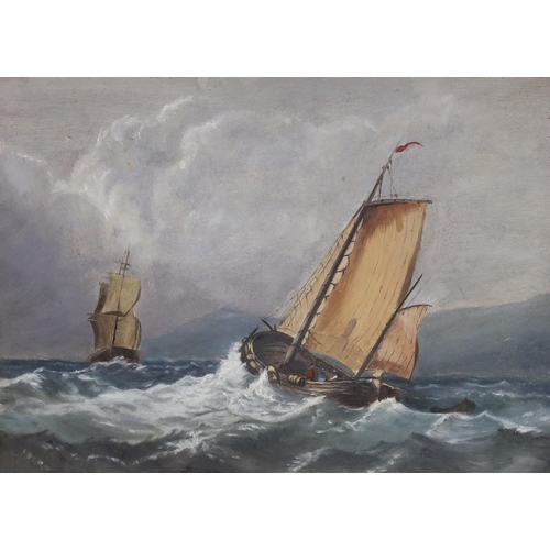 711 - 19th century English school, oil on board, Fishing boat at sea, 21 x 29cm and a watercolour of beach... 