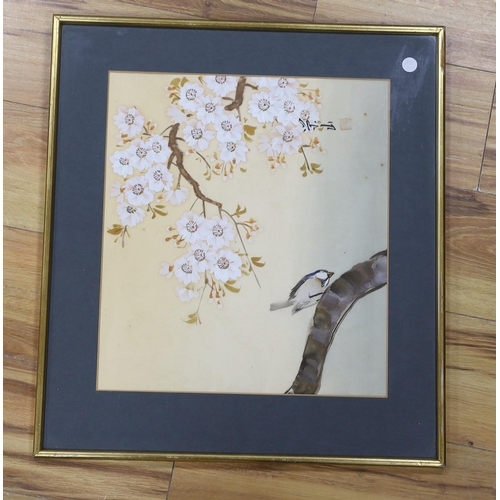 721 - Chinese School, gouache on silk, Blossom and bird on a branch, signed, 40 x 35cm