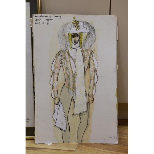 722 - Elizabeth Dalton (1950-2013), two costume designs for The Taming of the Shrew, signed, one dated '68... 