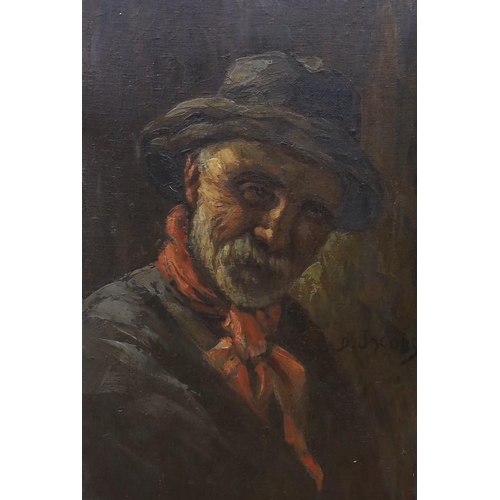 728 - J. Jacobs, oil on board, Portrait of a gentleman wearing a red neckerchief, 56 x 38cm