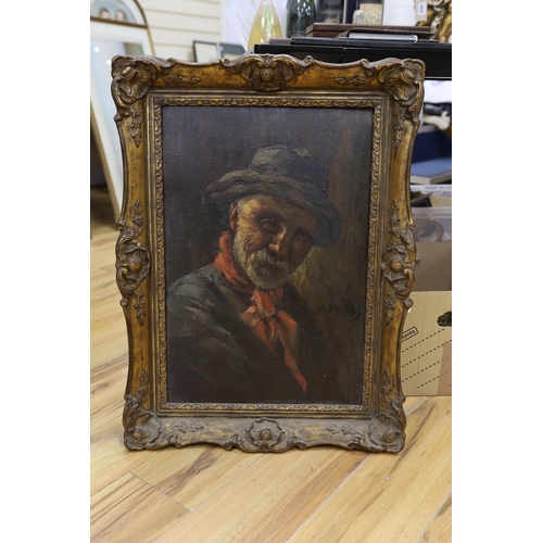 728 - J. Jacobs, oil on board, Portrait of a gentleman wearing a red neckerchief, 56 x 38cm