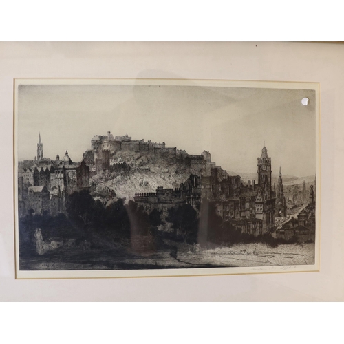 729 - A group of assorted pictures and prints including a lithograph after Sickert and three etchings by A... 