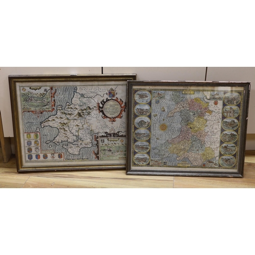 734 - John Speede, two coloured engravings, Maps of Wales and Pembrokshyre, 41 xx 51.5cm and 41.5 x 53.5cm... 