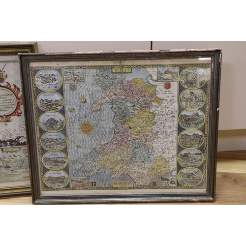 734 - John Speede, two coloured engravings, Maps of Wales and Pembrokshyre, 41 xx 51.5cm and 41.5 x 53.5cm... 