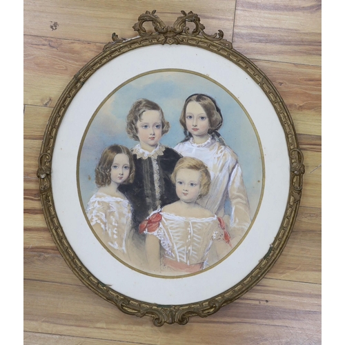 737 - Victorian School, watercolour, Portrait of the children of Oliver and Isabella Walford, oval, 44 x 3... 