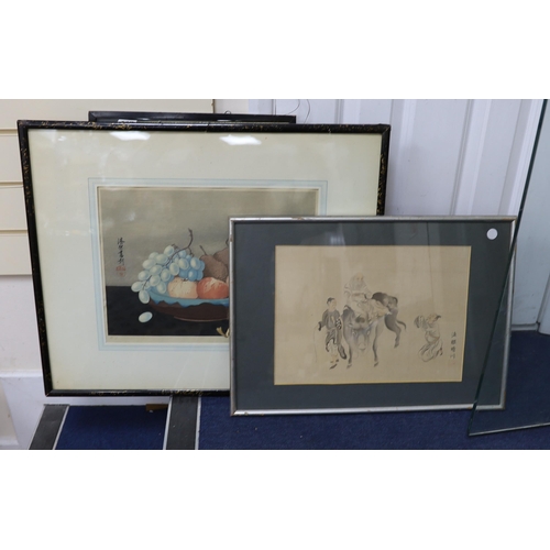 739 - Japanese School, four assorted woodblock prints including a Yoshimura still life, 29 x 38cm, with a ... 