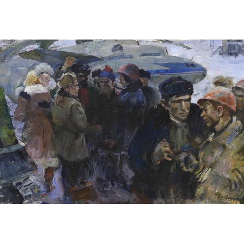 740 - Nikolai Petrovich Sochnev (Russian, b.1930), oil on canvas, Soviet workers in a winter landscape, si... 