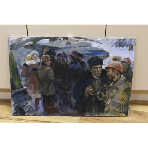 740 - Nikolai Petrovich Sochnev (Russian, b.1930), oil on canvas, Soviet workers in a winter landscape, si... 